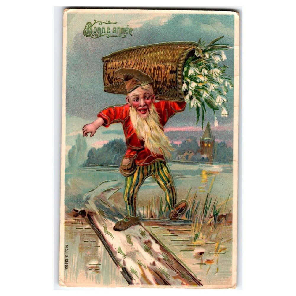 Bonne Année Gnome Snowdrops French New Year Postcard M.S.B. 13985